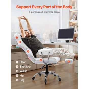 Reclining Office Chair with Footrest, Heavy Duty PU Leather Wide Office Chair, Big and Tall Executive Office Chairs with Lumbar Support, Strong Metal Base Quiet Wheels, White