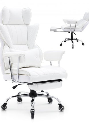Reclining Office Chair with Footrest, Heavy Duty PU Leather Wide Office Chair, Big and Tall Executive Office Chairs with Lumbar Support, Strong Metal Base Quiet Wheels, White