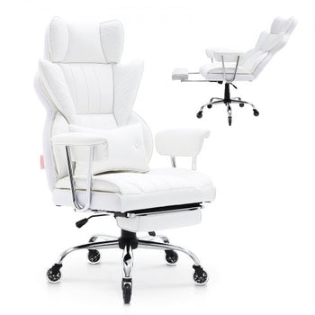 Reclining Office Chair with Footrest, Heavy Duty PU Leather Wide Office Chair, Big and Tall Executive Office Chairs with Lumbar Support, Strong Metal Base Quiet Wheels, White