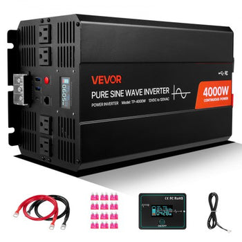 4000W Power Inverter, 12V DC to 120V AC Pure Sine Wave Inverter, Solar Car Charger Converter with LCD Display, Remote Control, 2 USB Ports, 4 AC Outlets, Type-C Port, for RV, Truck Outdoor