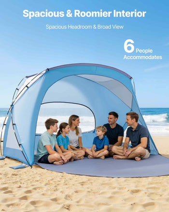 Beach Tent Sun Shelter for 6 Person, UPF 50+ Protection, Portable Sun Shade Canopy with Carrying Bag & Sand Pockets, Lightweight and Easy Setup Beach Umbrella for Family Camping Outdoor Picnic