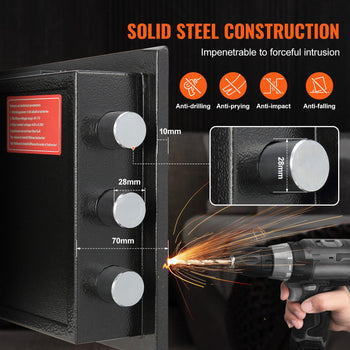 Black solid steel security safe with a 10mm thick body and 28mm locking bolts, anti-drilling, prying, impact, and falling features.