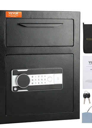 VEVOR black drop slot safe with digital lock, keys, accessories, and mounting hardware for secure storage.