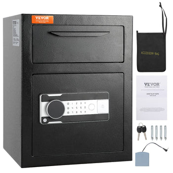 VEVOR black drop slot safe with digital lock, keys, accessories, and mounting hardware for secure storage.
