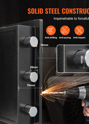 Black solid steel safe with anti-drill, anti-pry features; features robust locking bolts in 10mm, 28mm, and 70mm sizes.