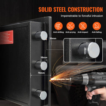 Black solid steel safe with anti-drill, anti-pry features; features robust locking bolts in 10mm, 28mm, and 70mm sizes.