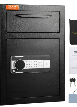 Black steel drop slot safe with digital keypad, includes accessory bag, keys, and mounting hardware. Ideal for secure storage.