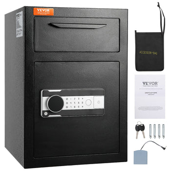 Black steel drop slot safe with digital keypad, includes accessory bag, keys, and mounting hardware. Ideal for secure storage.