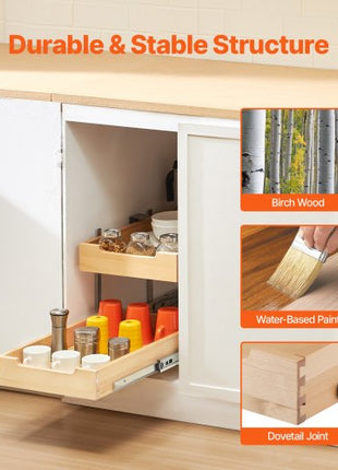 2 Tier Pull Out Cabinet Organizer, 14"W x 21"D Cabinet Drawer, Soft Close Slide out Shelf, Heavy-Duty Sliding Wood Drawer, Adjustable Base Cabinet Organization for Kitchen Pantry Bathroom