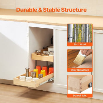 2 Tier Pull Out Cabinet Organizer, 14"W x 21"D Cabinet Drawer, Soft Close Slide out Shelf, Heavy-Duty Sliding Wood Drawer, Adjustable Base Cabinet Organization for Kitchen Pantry Bathroom