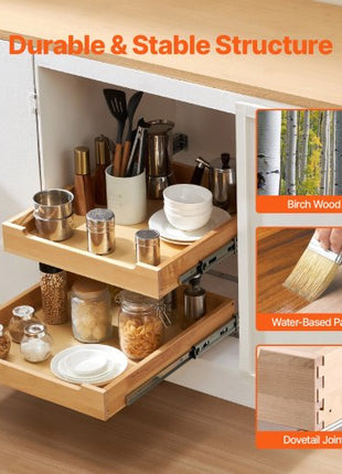 2 Tier Pull Out Cabinet Organizer, 20"W x 21"D Cabinet Drawer, Soft Close Slide out Shelf, Heavy-Duty Sliding Wood Drawer, Adjustable Base Cabinet Organization for Kitchen Pantry Bathroom