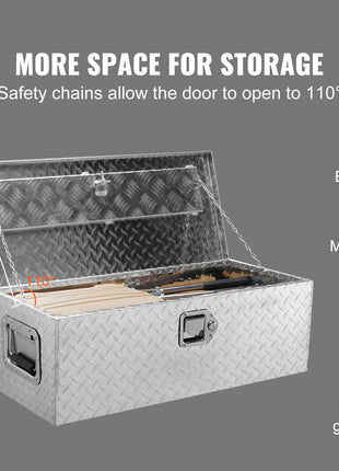 Silver diamond plate storage box with safety chains, opening to 110°, dimensions 13.8 in, ideal for tools and equipment.