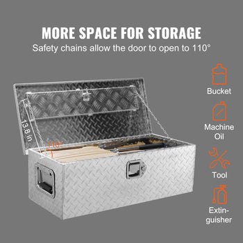 Silver diamond plate storage box with safety chains, opening to 110°, dimensions 13.8 in, ideal for tools and equipment.