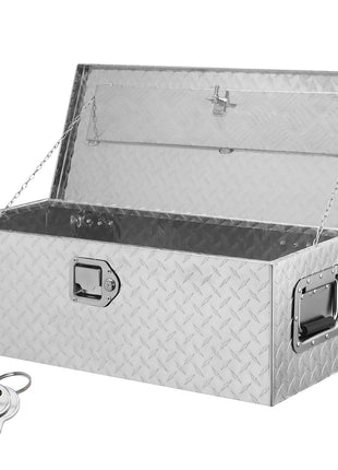 Silver aluminum diamond plate storage box with lock, chain hinge, and keys; ideal for outdoor or garage use.