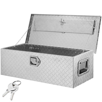 Silver aluminum diamond plate storage box with lock, chain hinge, and keys; ideal for outdoor or garage use.