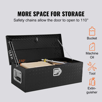 Black metal storage box with diamond plate finish, features 110° opening and safety chains, ideal for tools and equipment.