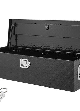 Black diamond plate storage chest with keys, heavy-duty metal construction, secure lockable design, sleek and durable.