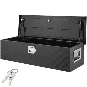Black diamond plate storage chest with keys, heavy-duty metal construction, secure lockable design, sleek and durable.