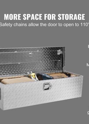 Silver diamond plate storage chest with safety chains, offers 110° door opening for easy access to tools and equipment.