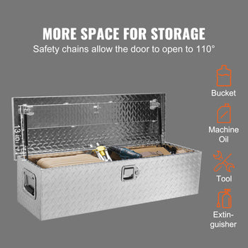 Silver diamond plate storage chest with safety chains, offers 110° door opening for easy access to tools and equipment.