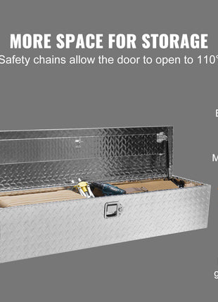 Silver aluminum diamond plate storage toolbox with safety chains, featuring a spacious interior for tools and supplies.
