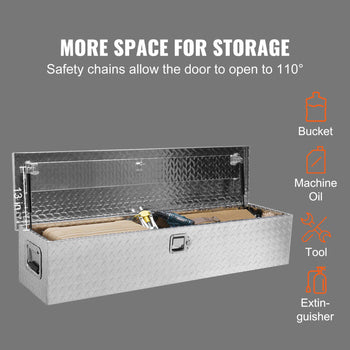 Silver aluminum diamond plate storage toolbox with safety chains, featuring a spacious interior for tools and supplies.