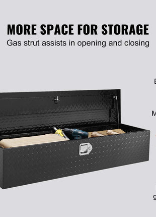 Black diamond plate tool storage box with gas strut, featuring a 13-inch height and spacious interior for tools and supplies.