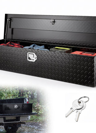 Durable black diamond plate truck toolbox with keys, perfect for secure storage and organization.