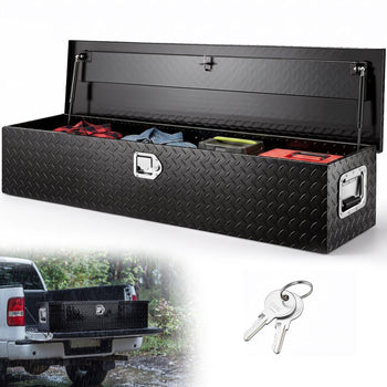 Durable black diamond plate truck toolbox with keys, perfect for secure storage and organization.