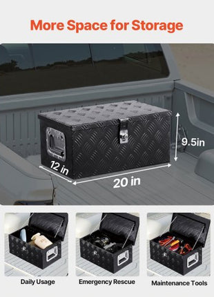 Heavy Duty Aluminum Truck Bed Tool Box, Stripes Plated Tool Box with Side Handle and Lock Keys, Storage Toolbox Chest Organizer for Trailer, Pickup, Truck Bed, RV, 20"x12"x9.5", Black