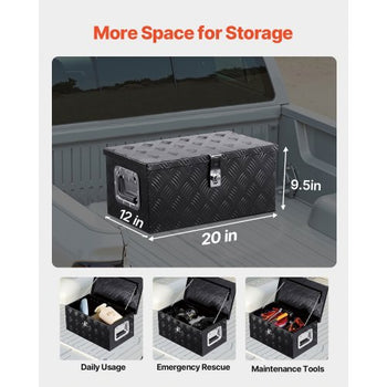 Heavy Duty Aluminum Truck Bed Tool Box, Stripes Plated Tool Box with Side Handle and Lock Keys, Storage Toolbox Chest Organizer for Trailer, Pickup, Truck Bed, RV, 20"x12"x9.5", Black