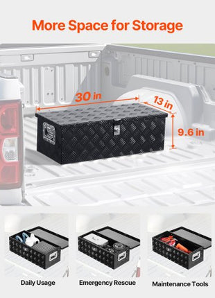 Heavy Duty Aluminum Truck Bed Tool Box, Stripes Plated Tool Box with Side Handle and Lock Keys, Storage Toolbox Chest Organizer for Trailer, Pickup, Truck Bed, RV, 30"x13"x9.6", Black