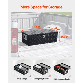 Heavy Duty Aluminum Truck Bed Tool Box, Stripes Plated Tool Box with Side Handle and Lock Keys, Storage Toolbox Chest Organizer for Trailer, Pickup, Truck Bed, RV, 30"x13"x9.6", Black