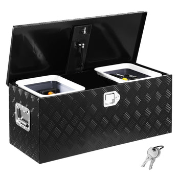 Heavy Duty Aluminum Truck Bed Tool Box, Stripes Plated Tool Box with Sliding Shelf, Side Handle, Lock & Keys, Storage Toolbox Chest for Trailer, Pickup, Truck Bed, RV, 35.4"x14.6"x14.6", Black