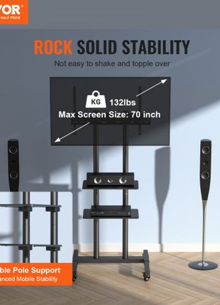 Mobile TV Stand, Mobile TV Cart for 32 to 70 inch TVs, Height Adjustable Portable TV Stand with Wheels, Double Tray for Audio-Visual Devices, Rolling TV Stand with Mount for Bedroom, Living Room