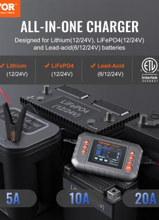 Smart Battery Charger, 20-Amp, Lithium LiFePO4 Lead-Acid (AGM / Gel / SLA) Car Battery Charger with LCD Display, Trickle Charger Maintainer Desulfator for Boat Motorcycle Lawn Mower Deep Cycle