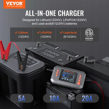 Smart Battery Charger, 20-Amp, Lithium LiFePO4 Lead-Acid (AGM / Gel / SLA) Car Battery Charger with LCD Display, Trickle Charger Maintainer Desulfator for Boat Motorcycle Lawn Mower Deep Cycle