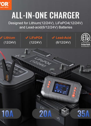 Smart Battery Charger, 35-Amp, Lithium LiFePO4 Lead-Acid (AGM / Gel / SLA) Car Battery Charger with LCD Display, Trickle Charger Maintainer Desulfator for Boat Motorcycle Lawn Mower Deep Cycle