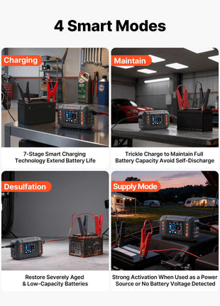 Smart Battery Charger, 25A, 6V 12V 24V Ternary Lithium LiFePO4 Lead-Acid (Gel/AGM) Battery Charger, with 3.4-Inch LCD Display, Trickle Charging Maintainer Desulfator, for Car, Boat, Motorcycle