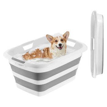 Dog Bathtub, Collapsible Dog Bath Tub, Pet Bathing Grooming Wash Shower Station, Portable Space-saving & Stable Support, Built-In Drainage Hole for Small Pet Puppy Doggie Cat Outdoor, Gray White