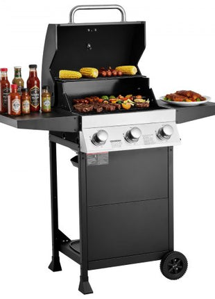 Gas Grill, 3 Burner Propane Gas Grill with Spacious 338 SQ.In Grilling Area, Carbon Steel Enamel Grates, Outdoor 36,000 BTU Patio Garden BBQ Grills with Foldable Side Shelves, Carbon Steel