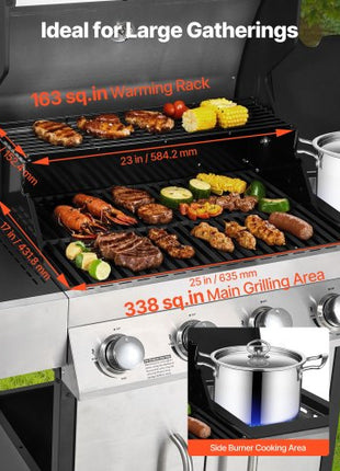Gas Grill, 4 Burner Propane Gas Grill with Side Burner, 425 SQ.In Grilling Area, Carbon Steel Enamel Grates, Outdoor 52,000 BTU Patio Garden BBQ Grills with Two Side Shelves, Stainless Steel