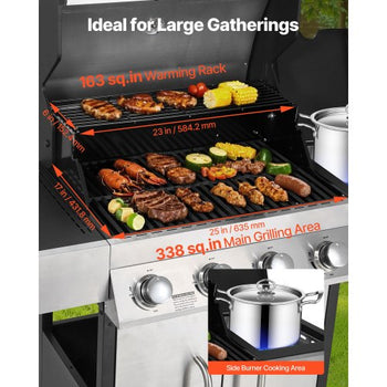 Gas Grill, 4 Burner Propane Gas Grill with Side Burner, 425 SQ.In Grilling Area, Carbon Steel Enamel Grates, Outdoor 52,000 BTU Patio Garden BBQ Grills with Two Side Shelves, Stainless Steel