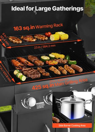 Gas Grill, 4 Burner Propane Gas Grill with Side Burner, 425 SQ.In Grilling Area, Carbon Steel Enamel Grates, Outdoor 52,000 BTU Patio Garden BBQ Grills with Two Side Shelves, Carbon Steel