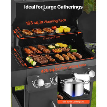 Gas Grill, 4 Burner Propane Gas Grill with Side Burner, 425 SQ.In Grilling Area, Carbon Steel Enamel Grates, Outdoor 52,000 BTU Patio Garden BBQ Grills with Two Side Shelves, Carbon Steel