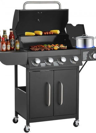 Gas Grill, 4 Burner Propane Gas Grill with Side Burner, 425 SQ.In Grilling Area, Carbon Steel Enamel Grates, Outdoor 52,000 BTU Patio Garden BBQ Grills with Two Side Shelves, Carbon Steel