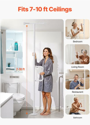 Floor-to-Ceiling Transfer Pole, Tension Mounted Bathroom Grab Bar with Anti-Slip Curve Handle, 300 Lbs Capacity Security Pole for Elderly, Ideal Senior Safety Pole for 7-10 Ft Ceilings, White