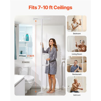 Floor-to-Ceiling Transfer Pole, Tension Mounted Bathroom Grab Bar with Anti-Slip Curve Handle, 300 Lbs Capacity Security Pole for Elderly, Ideal Senior Safety Pole for 7-10 Ft Ceilings, White