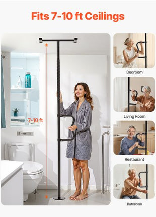 Floor-to-Ceiling Transfer Pole, Tension Mounted Bathroom Grab Bar with Anti-Slip Curve Handle, 300 Lbs Capacity Security Pole for Elderly, Ideal Senior Safety Pole for 7-10 Ft Ceilings, Black