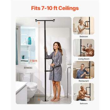 Floor-to-Ceiling Transfer Pole, Tension Mounted Bathroom Grab Bar with Anti-Slip Curve Handle, 300 Lbs Capacity Security Pole for Elderly, Ideal Senior Safety Pole for 7-10 Ft Ceilings, Black